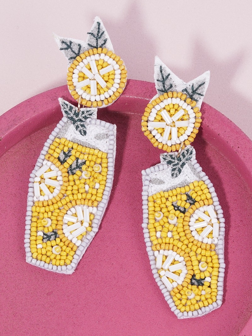 Handmade Beaded Lemon Drop Earrings - Seed Beaded Lemon Cocktail Dangle Post